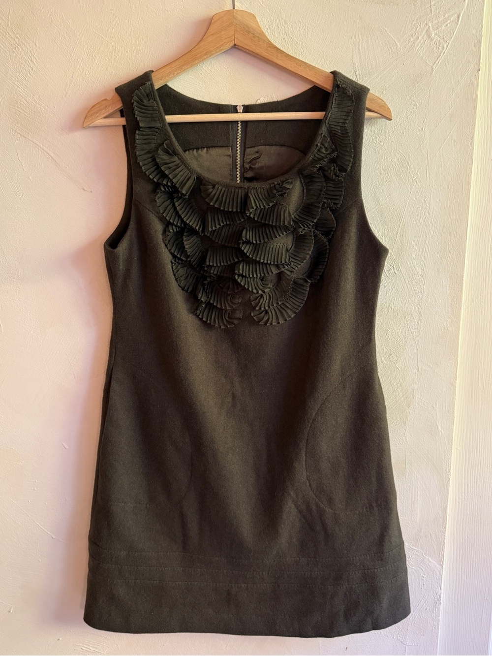 Brown 100% Wool Shift Dress Pleated Ruffle Bib Sleeveless Mini Size S